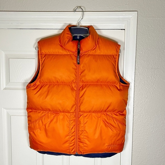 LL Bean Womens Blue Orange Reversible Goose Down Puffer Vest Size Small - Picture 1 of 11